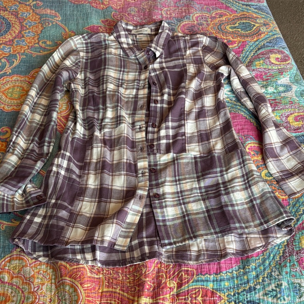 Coldwater Creek Purple and Cream Plaid Button-Down Shirt